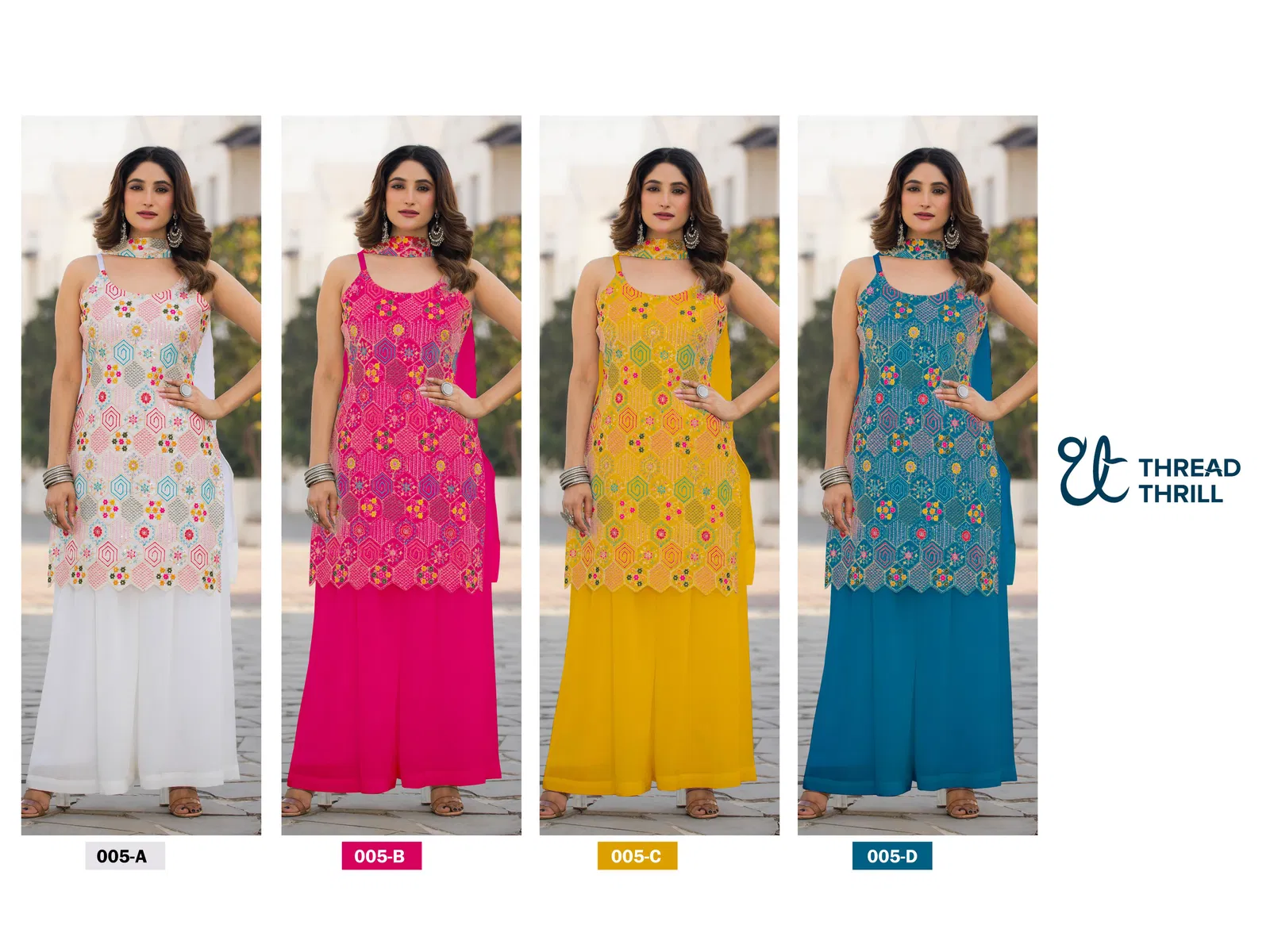 Tt 005 A to D Chinon Embroidery Readymade Suits Orders In India